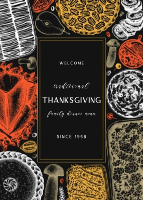 Thanksgiving day dinner menu design on chalkboard. With roasted turkey, cooked vegetables, rolled meat, baking cakes and pies sketches. Vintage autumn food frame. Vector Thanksgiving day background.